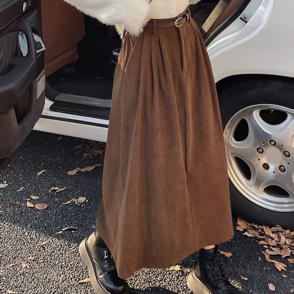 Seasonal Women Pleated A Line Corduroy Skirt Featuring a Matching Belt - Picture 22 of 40