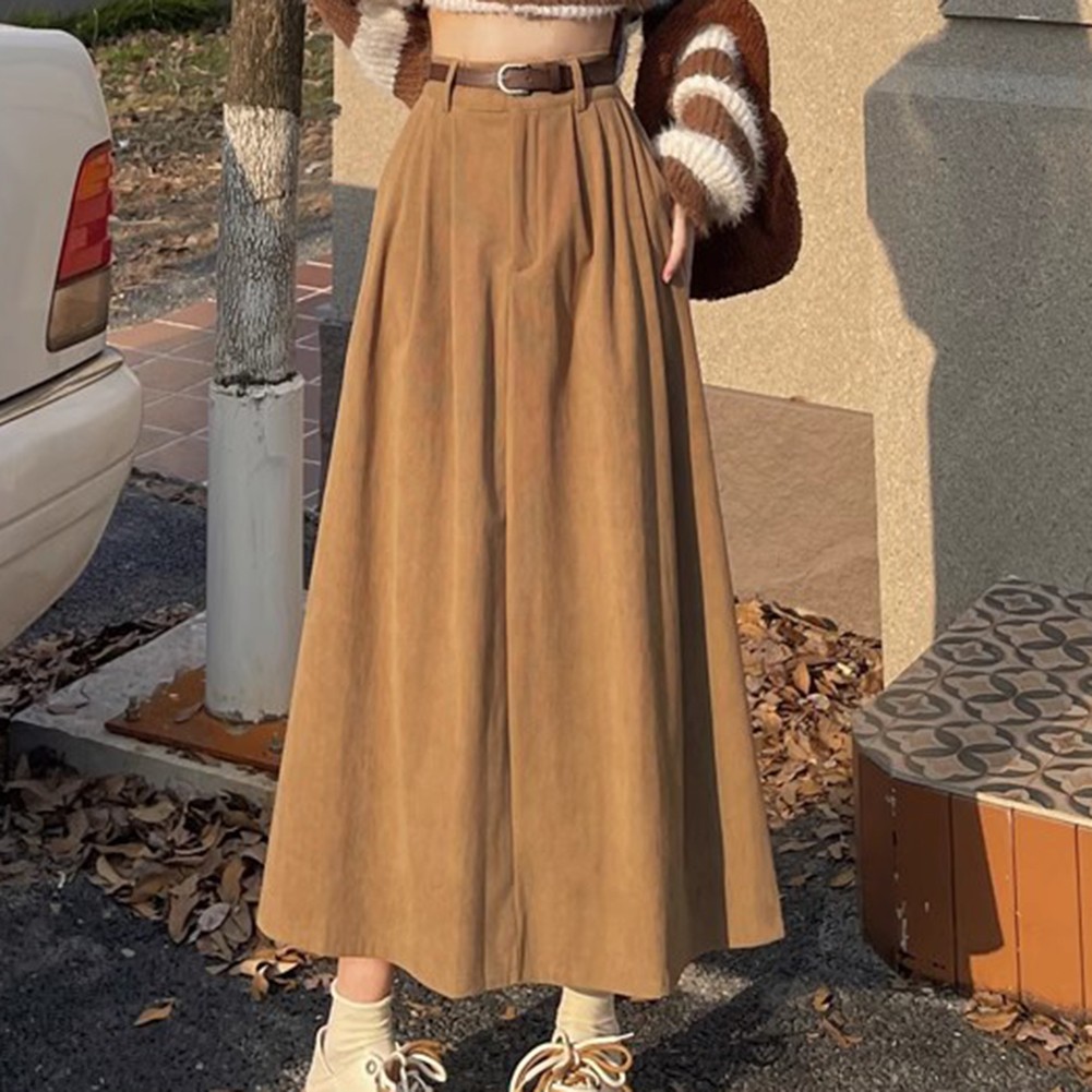 Seasonal Women Pleated A Line Corduroy Skirt Featuring a Matching Belt - Picture 40 of 40