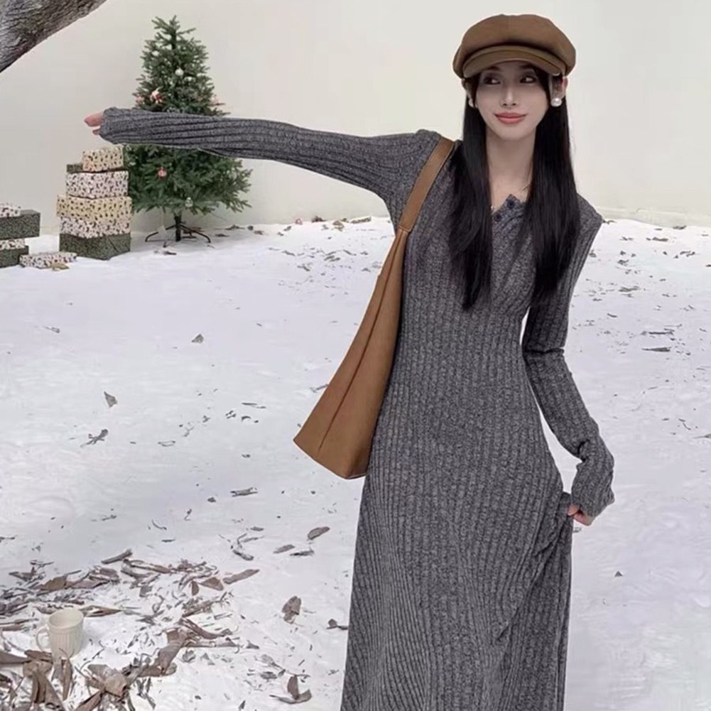 Fashionable Women's Knitted Dress with Long Sleeves for Casual Outings - Picture 33 of 51