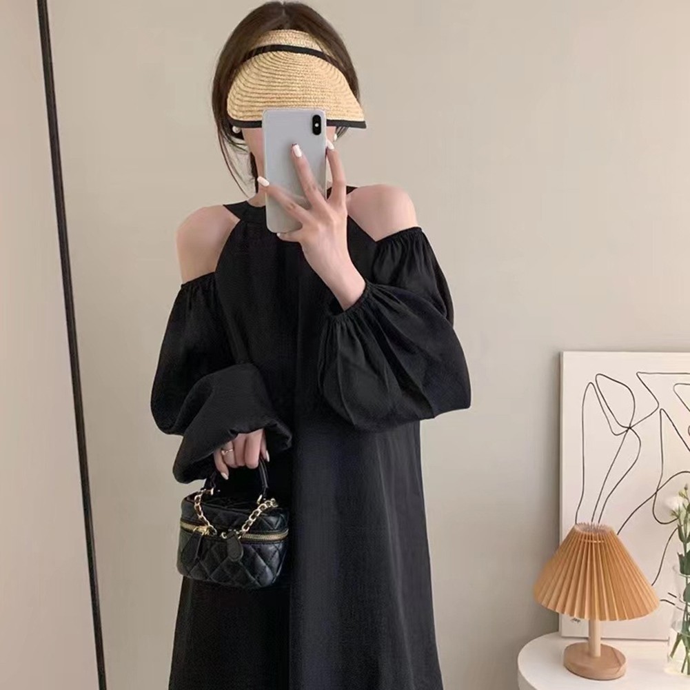 Elegant Off Shoulder Halter Neck Dress for Women in Spring and Autumn Seasons - Picture 34 of 35