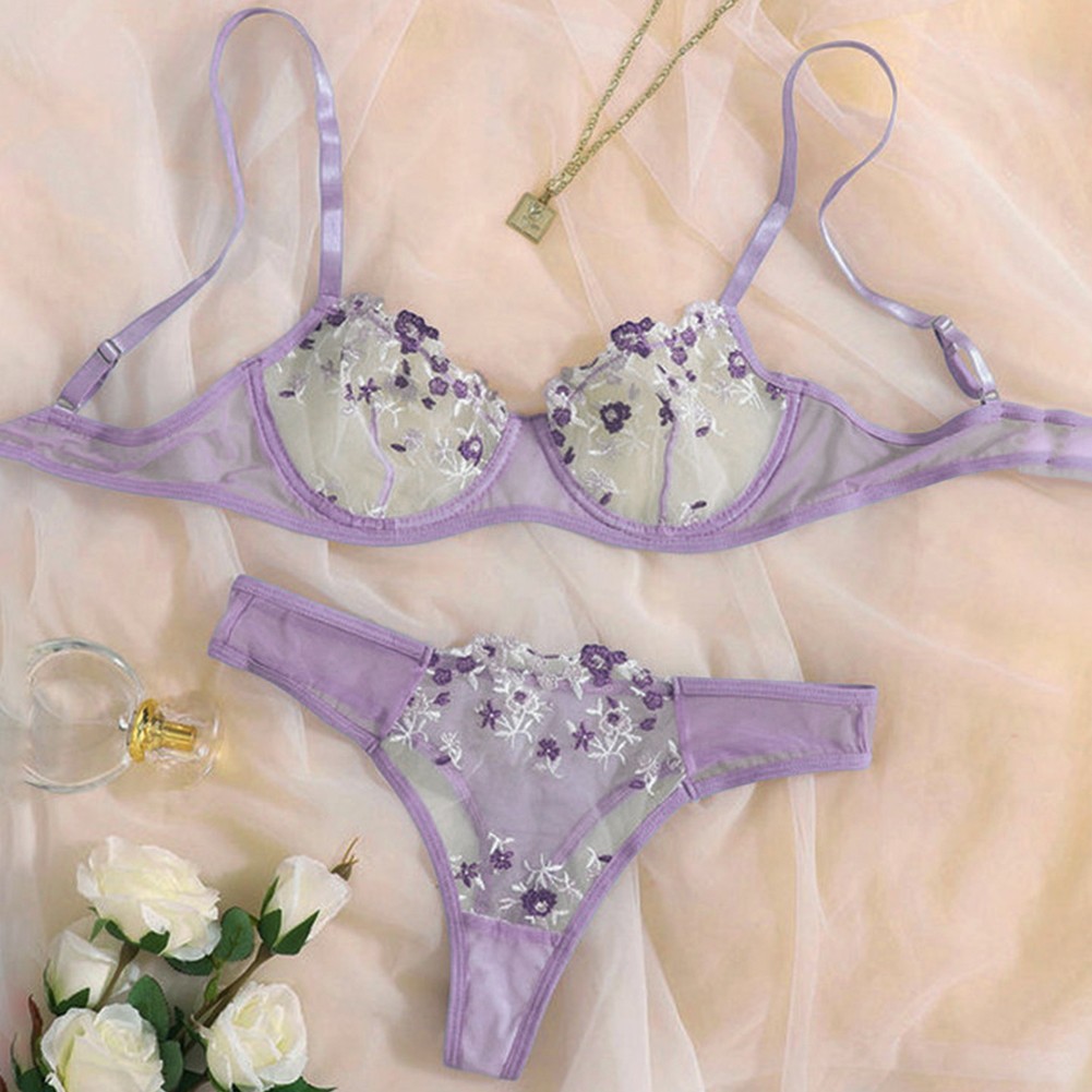 Light Purple Lace Embroidery Push Up Bra Sets Women See Through Underwear - Picture 18 of 24