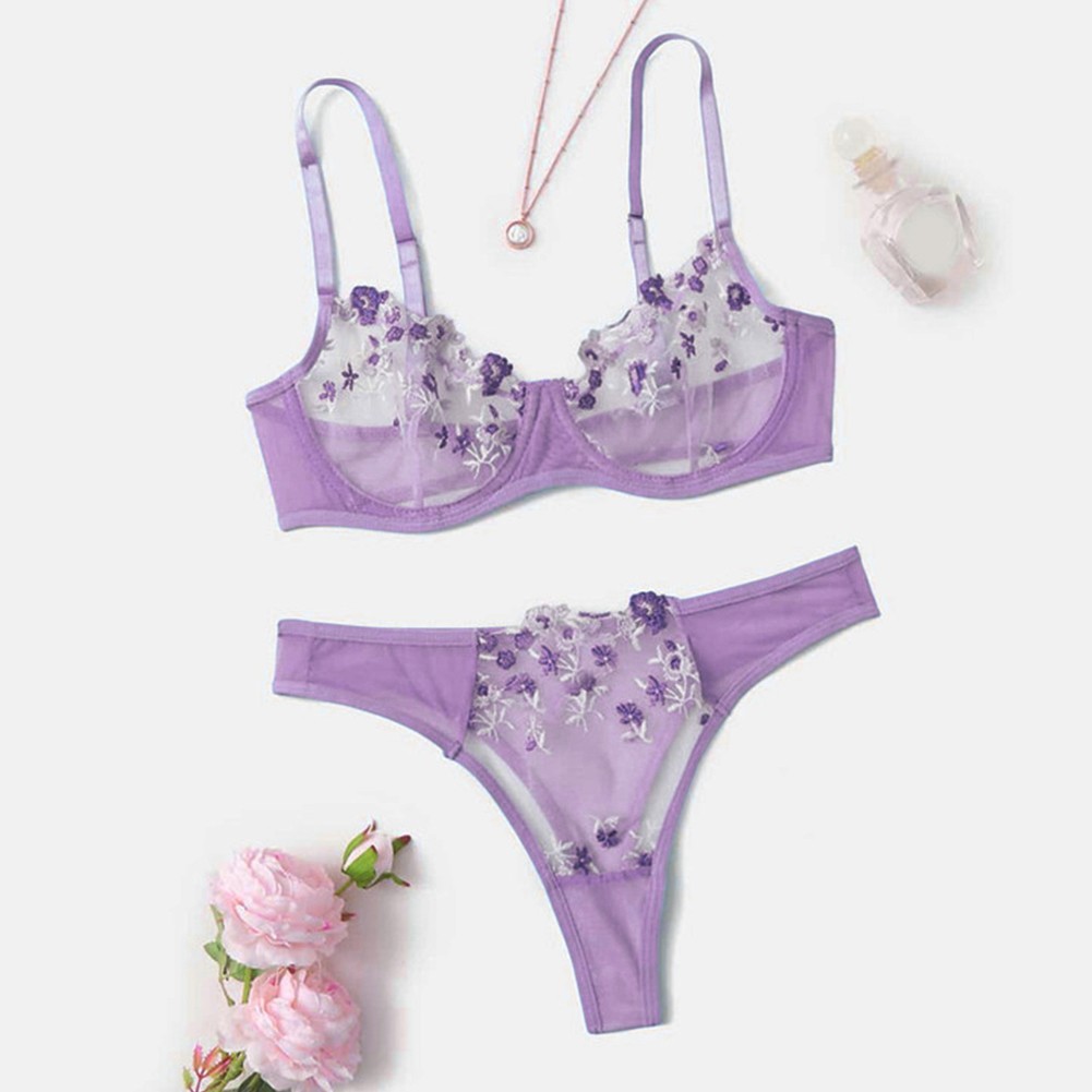 Light Purple Lace Embroidery Push Up Bra Sets Women See Through Underwear - Picture 20 of 24