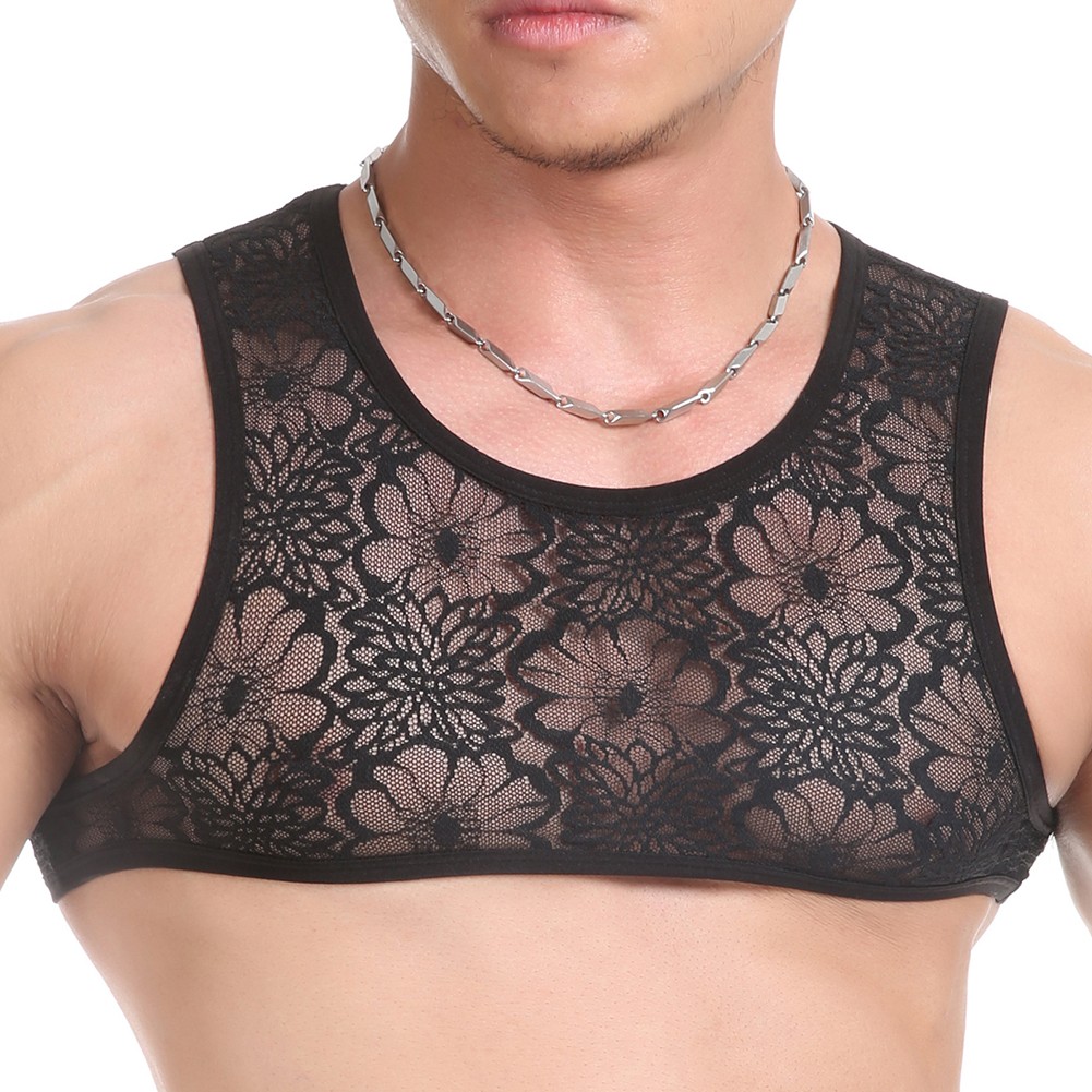 Mens Sheer Lace Singlet Sleeveless Top Vest for Fitness and Casual Wear