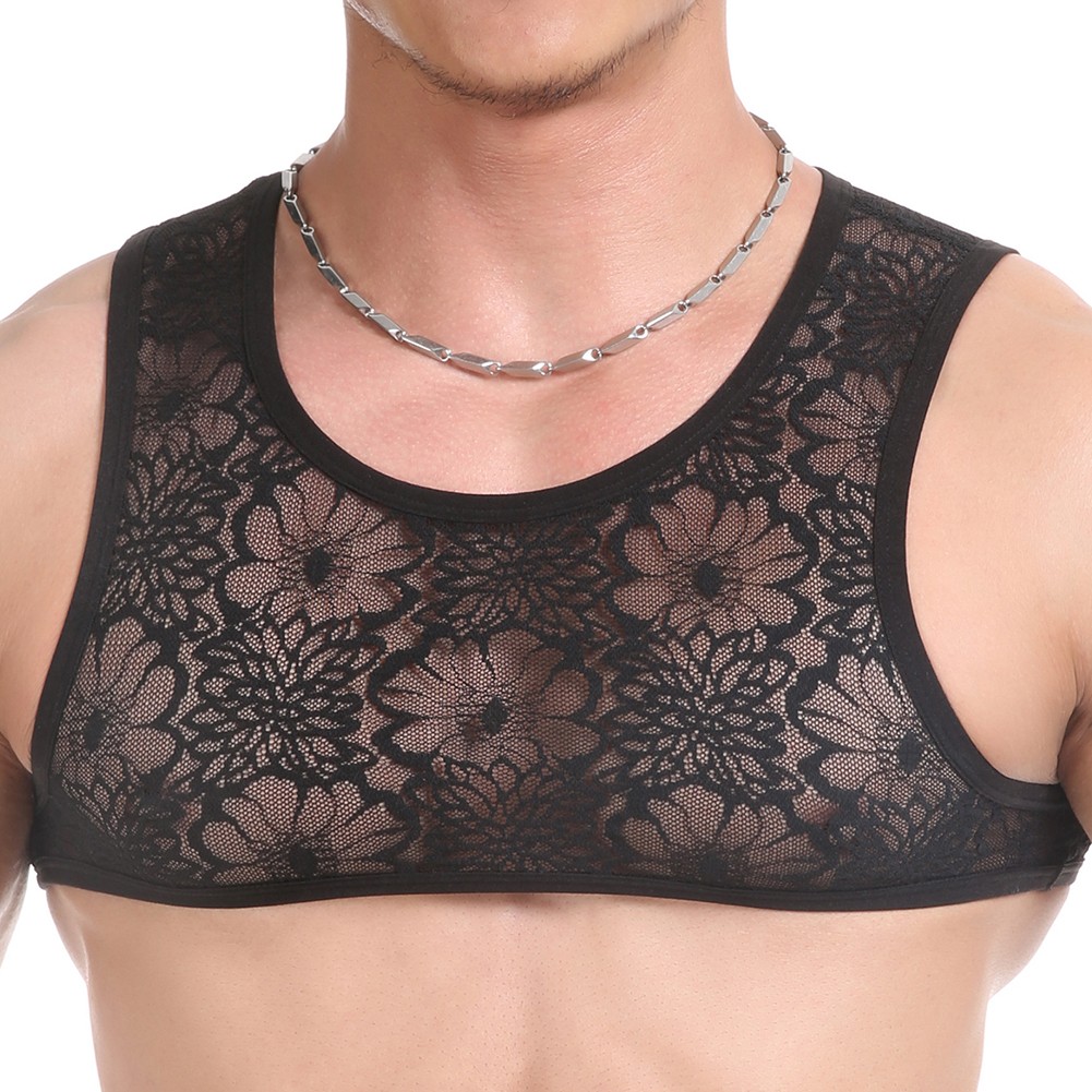 Mens Sheer Lace Singlet Sleeveless Top Vest for Fitness and Casual Wear