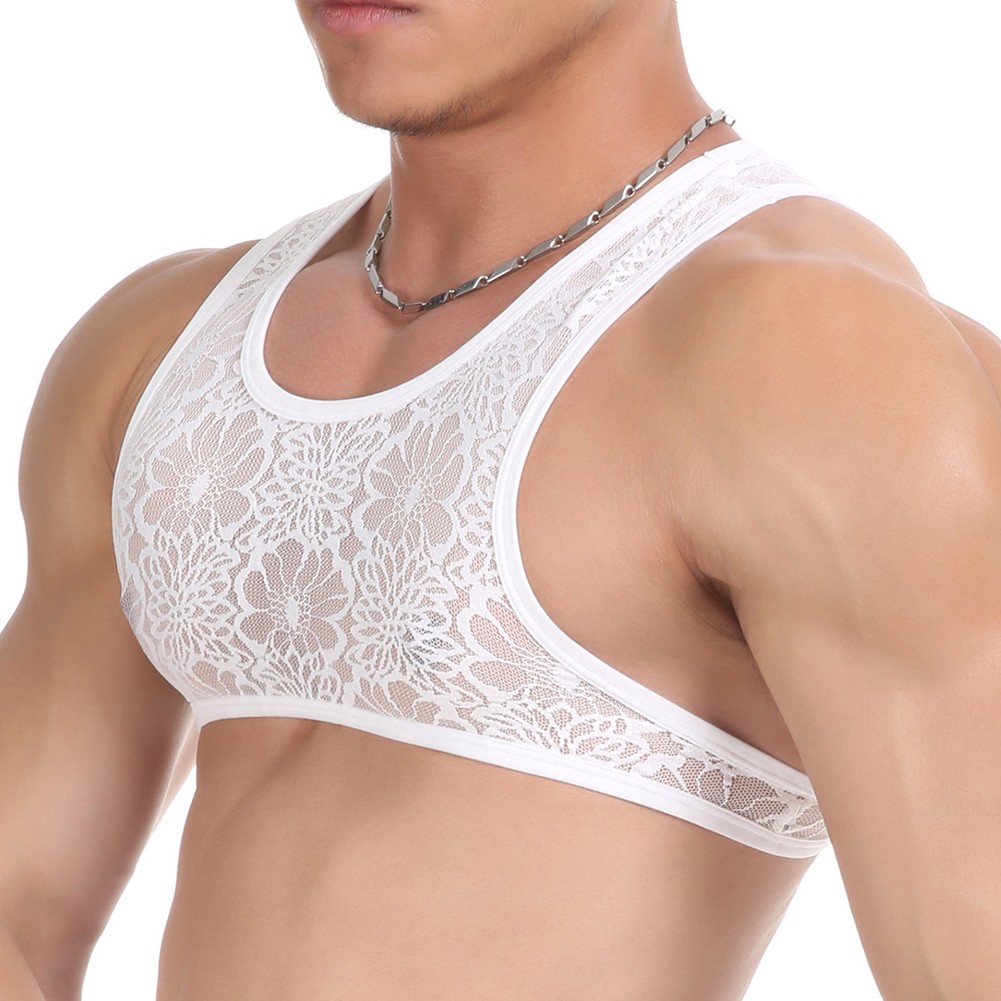 Mens Sheer Lace Singlet Sleeveless Top Vest for Fitness and Casual Wear