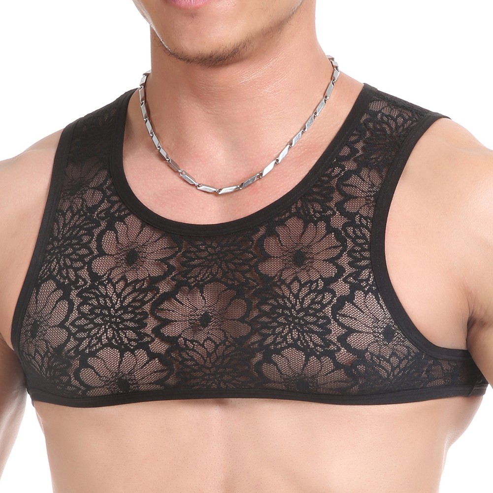 Mens Sheer Lace Singlet Sleeveless Top Vest for Fitness and Casual Wear