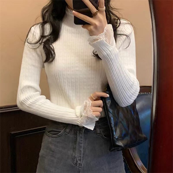 Hauts confortables en dentelle unie tricot?? manches acheter longues pour femme armoire