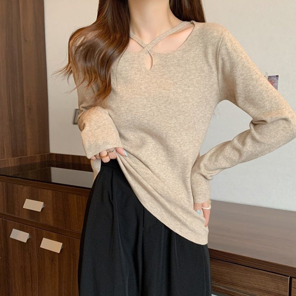 Pull femme élégant manches longues tricoté liquidation col V couleur unie