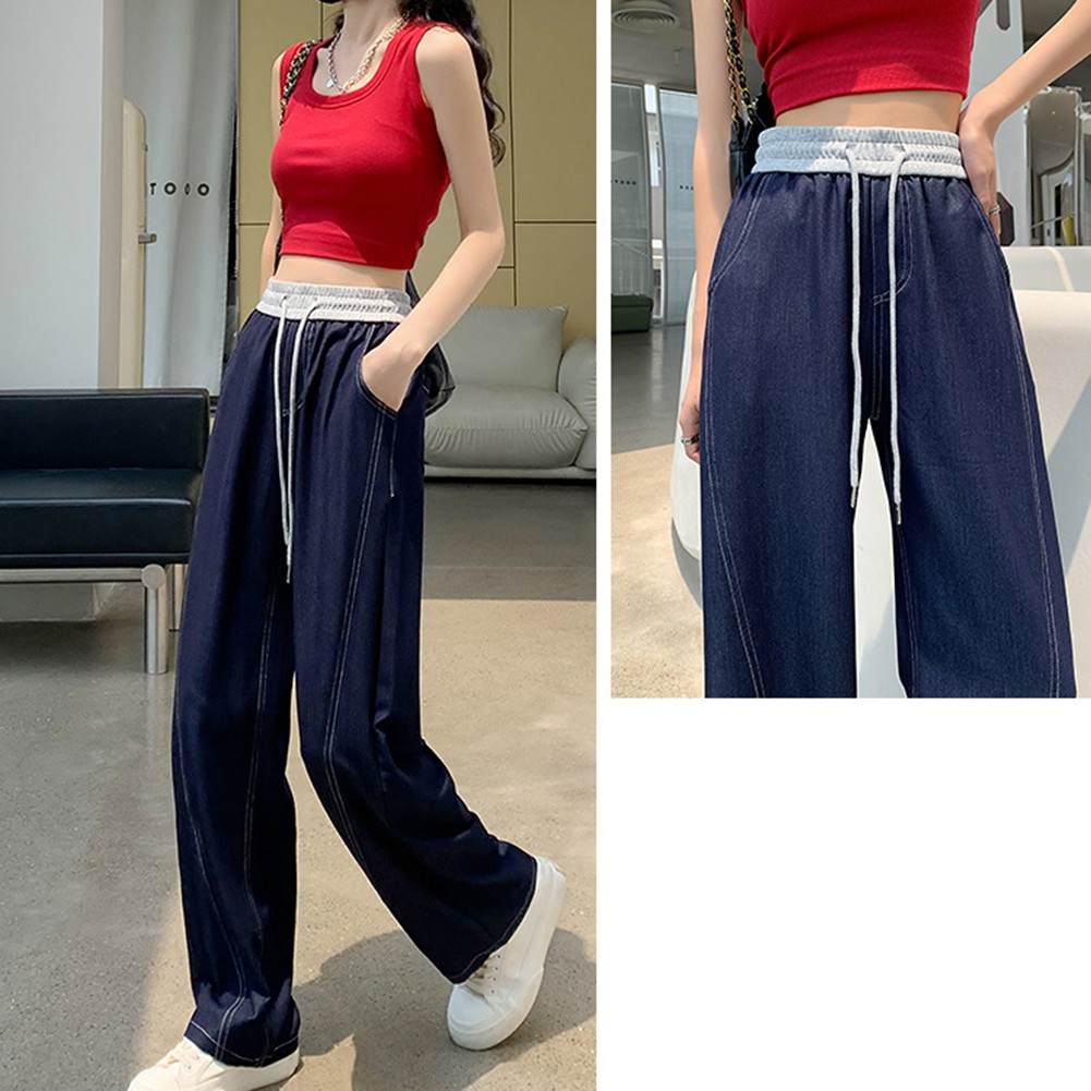 Blaue einfarbige Damen Freizeithose stilvoll hohe Taille weites Bein Design - Bild 24 von 72