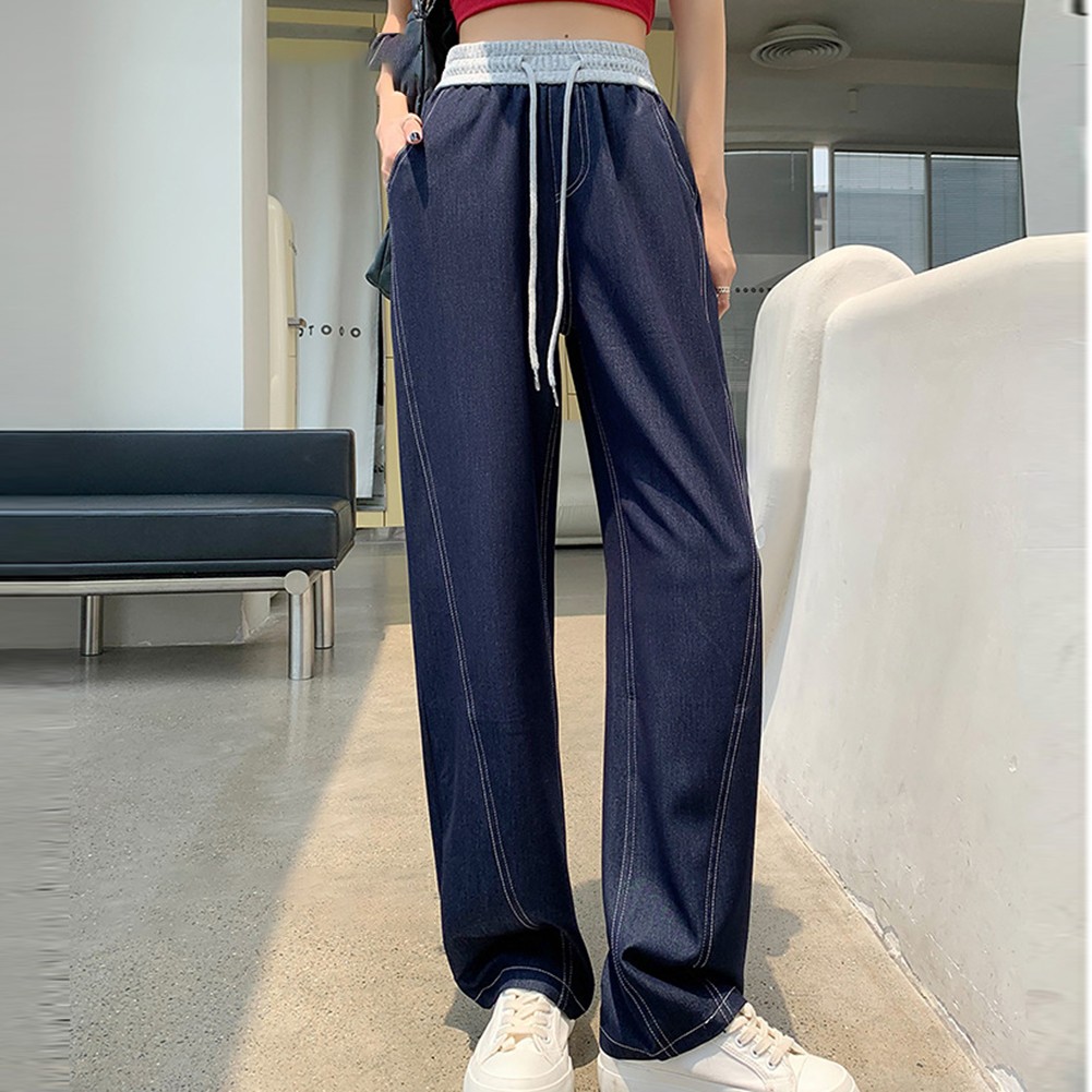 Blaue einfarbige Damen Freizeithose stilvoll hohe Taille weites Bein Design - Bild 17 von 72