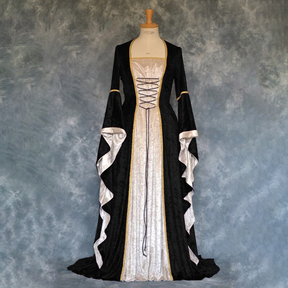Gorgeous For Women's Medieval Style Gold Velvet Long Sleeve Maxi Dress - Picture 14 of 22