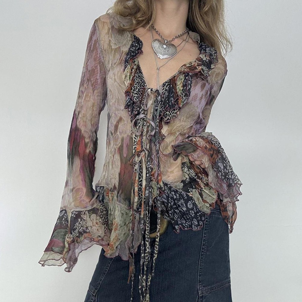 Stylish Womens Vintage Print Top with Lace Up V Neck and Flared Sleeves - Picture 13 of 24