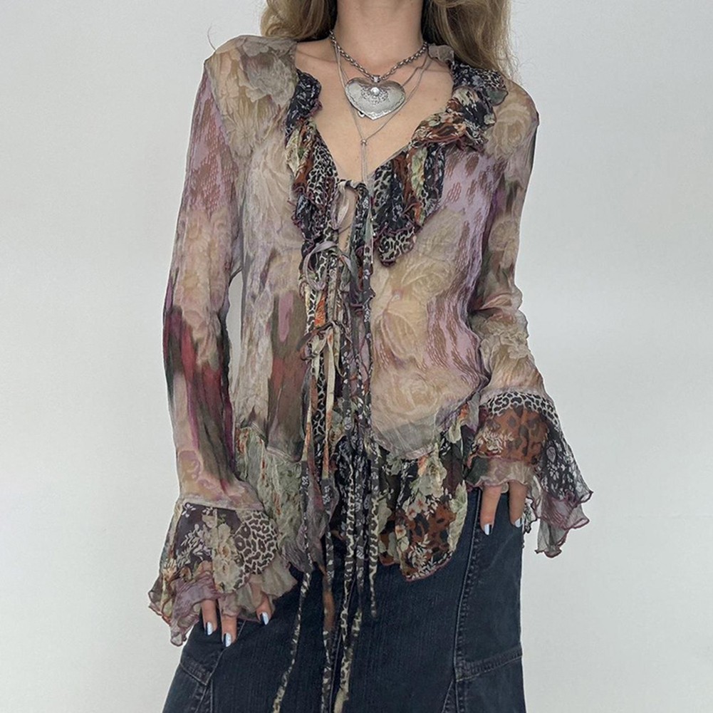 Stylish Womens Vintage Print Top with Lace Up V Neck and Flared Sleeves - Picture 14 of 24