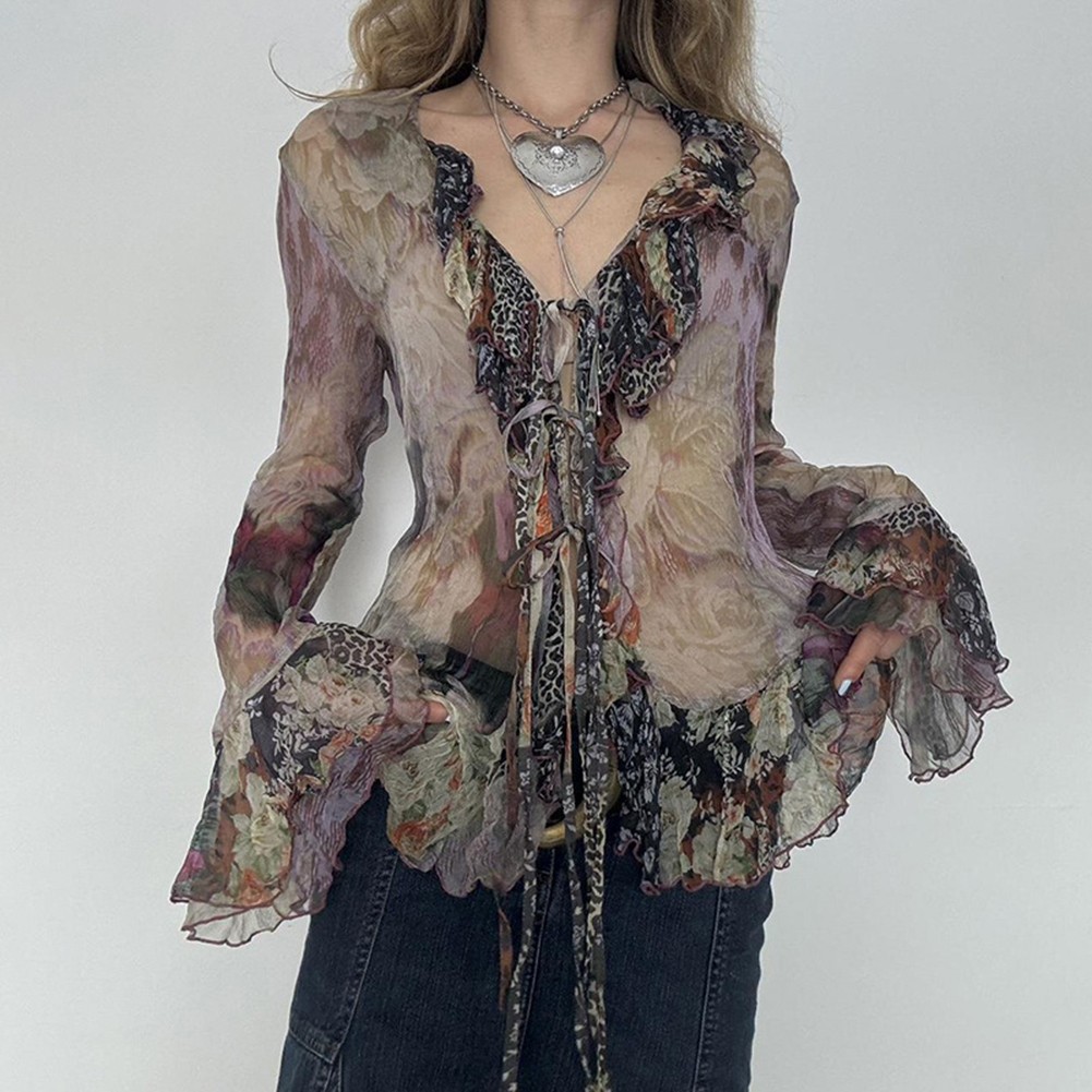 Stylish Womens Vintage Print Top with Lace Up V Neck and Flared Sleeves - Picture 15 of 24