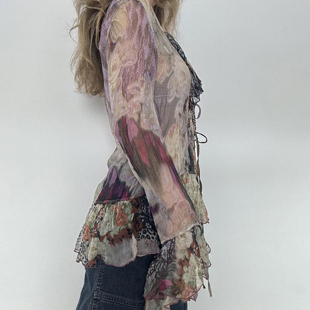 Stylish Womens Vintage Print Top with Lace Up V Neck and Flared Sleeves - Picture 16 of 24