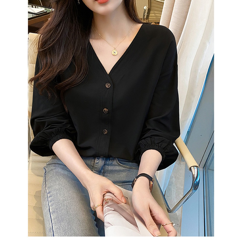 Wardrobe Essential Women's Cotton Long Sleeve V Neck Casual Top in White - Picture 16 of 28