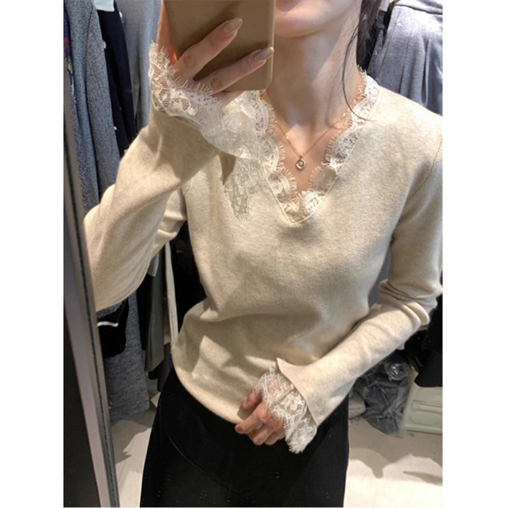 Women's Flared Sleeve Knitted Cardigan with Lace Collar for All Seasons - Picture 13 of 13