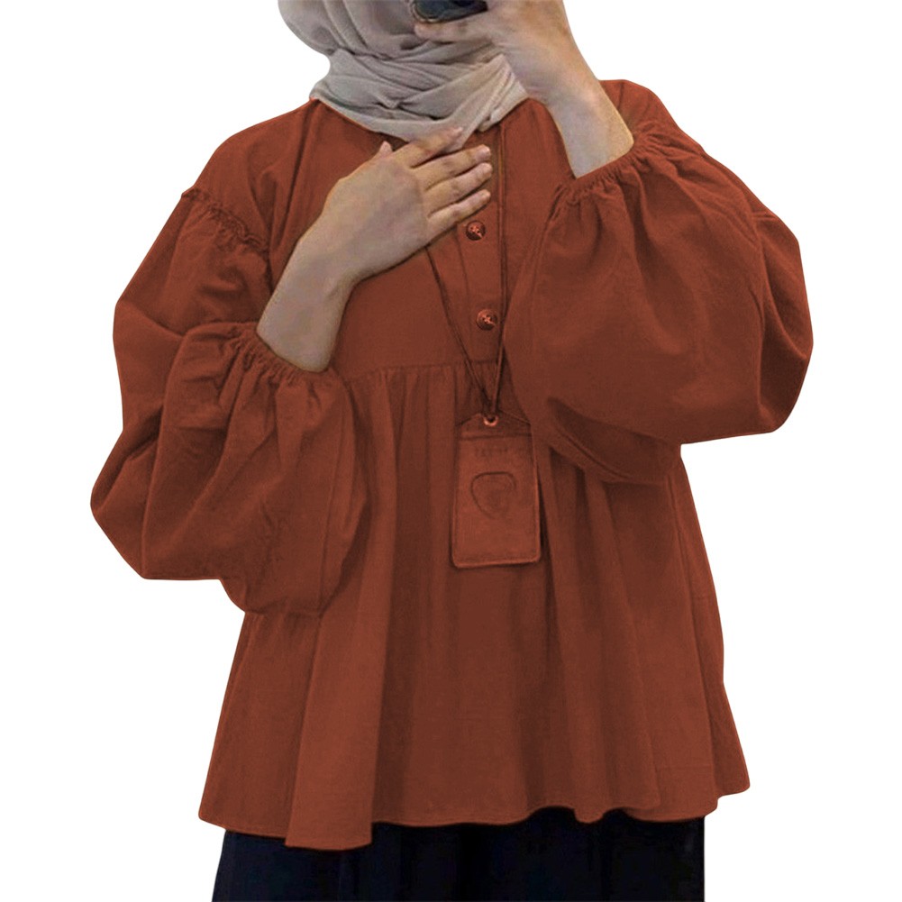 Camisas informales para mujer musulmana para todas las estaciones con cuello redondo y mangas largas - Imagen 13 de 13
