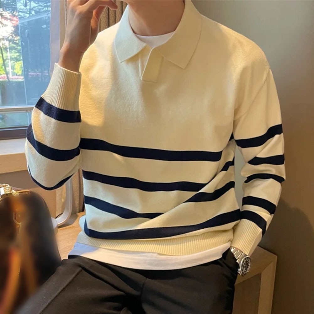 Men Color Patchwork Striped Lapel Sweater for Autumn Fashion Casual Wear - Picture 13 of 32