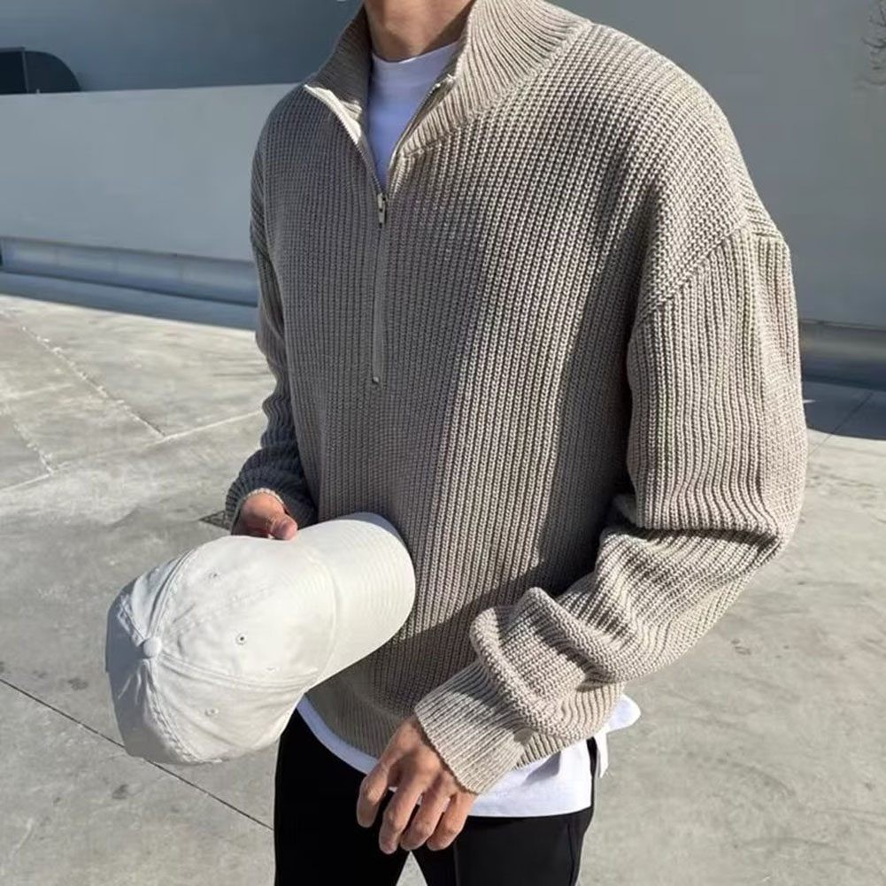 Spring Autumn Knit Sweater with Stand Collar for Men Casual Style Pullover - Picture 14 of 32