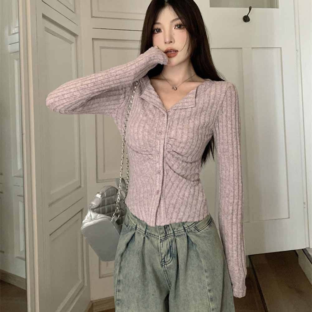 Fashionable Women's Autumn Sweater with Button Front and Collar Design