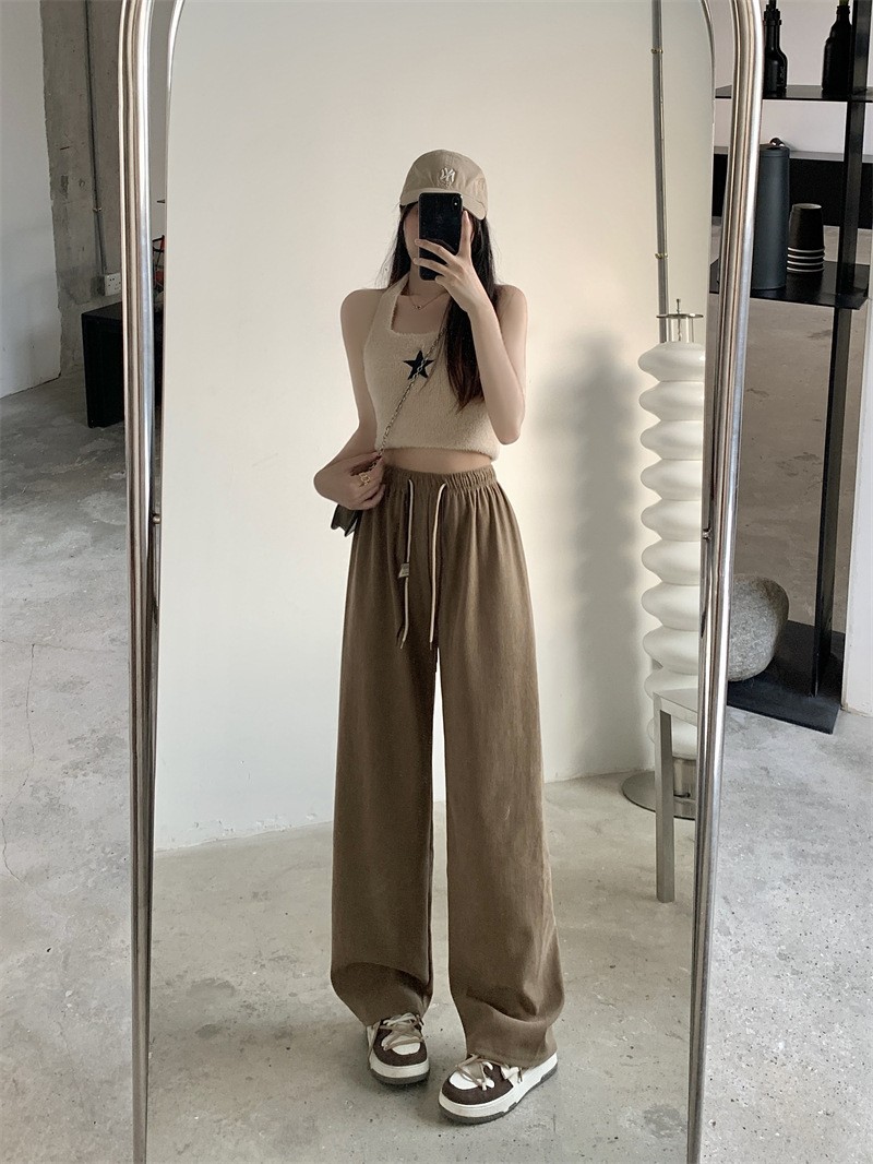 Casual Womens Straight Pants with Double Drawstring and Corduroy Fabric - Picture 36 of 47