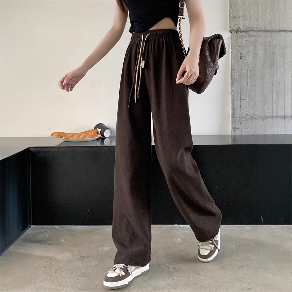 Casual Womens Straight Pants with Double Drawstring and Corduroy Fabric - Picture 42 of 47
