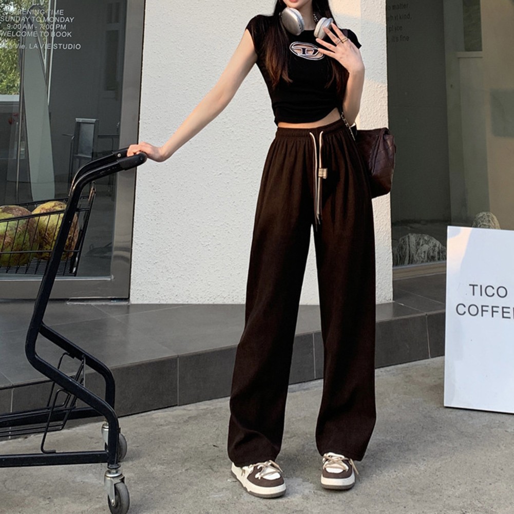 Casual Womens Straight Pants with Double Drawstring and Corduroy Fabric - Picture 47 of 47