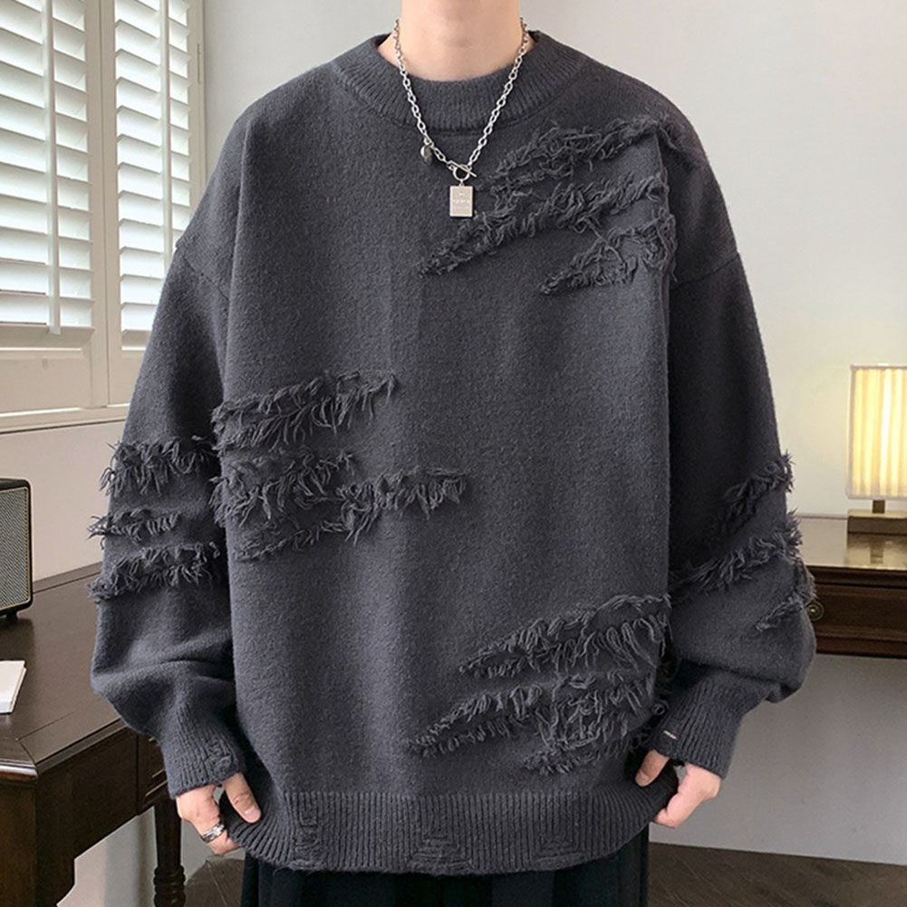 Mens Pullover with Distressed Rips and Fashionable Tassels for Fall Wear - Picture 13 of 42