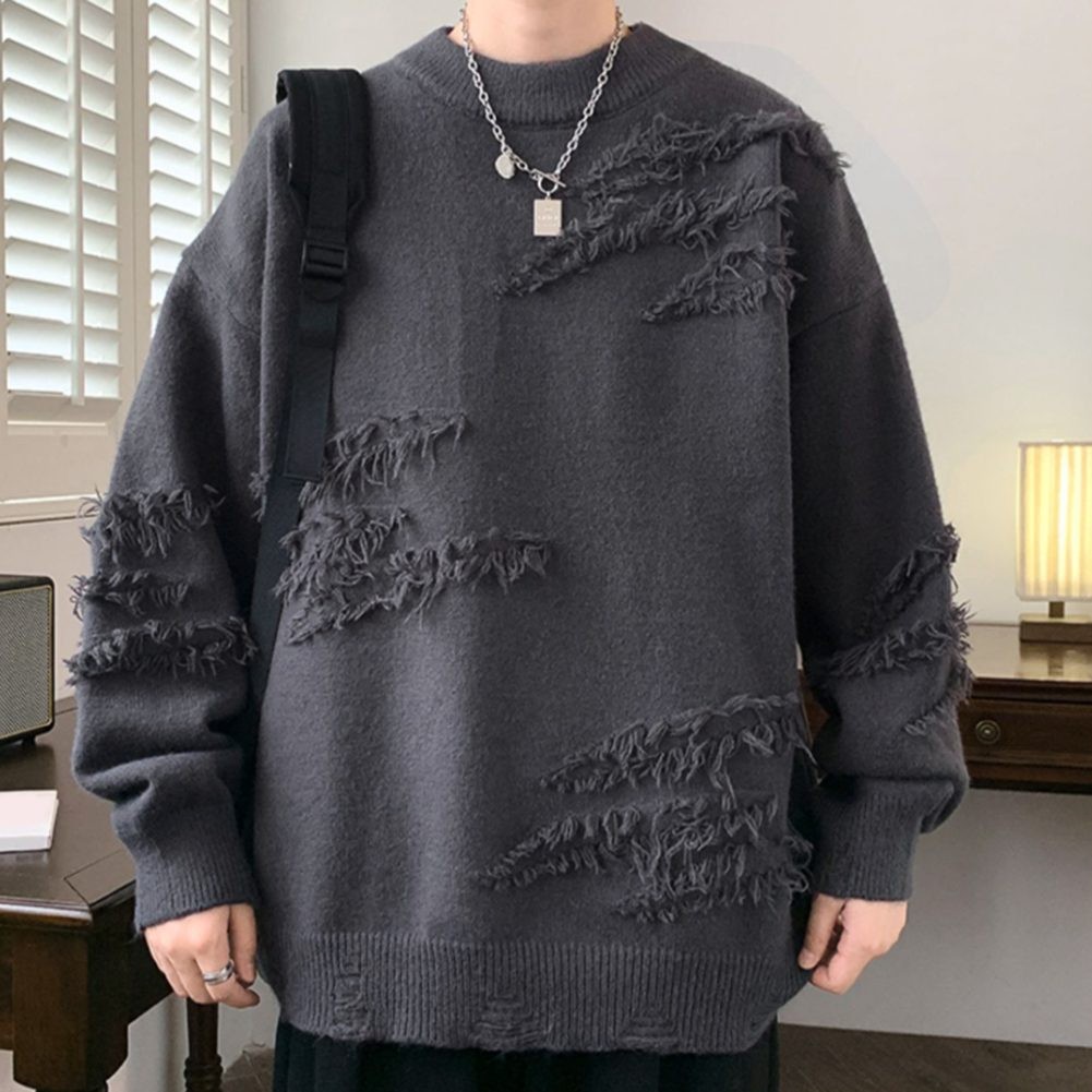 Mens Pullover with Distressed Rips and Fashionable Tassels for Fall Wear - Picture 16 of 42