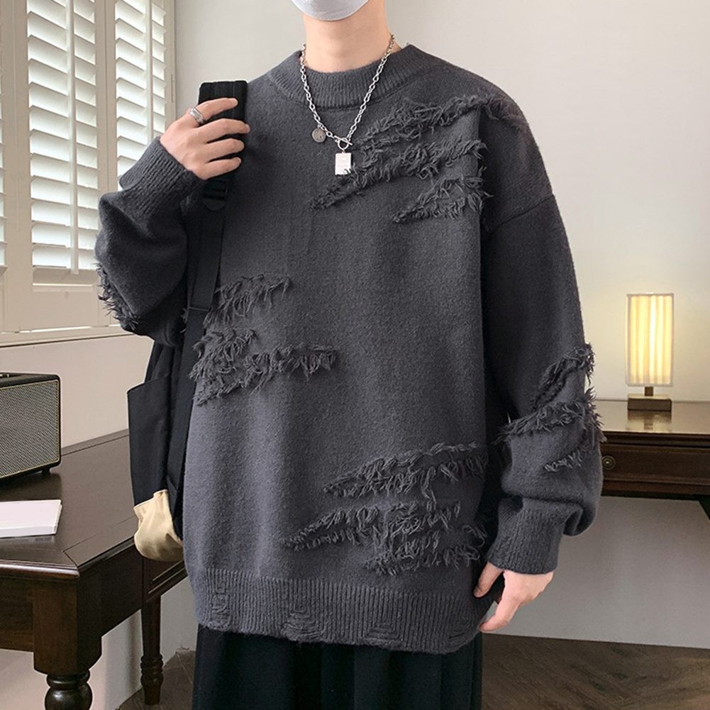 Mens Pullover with Distressed Rips and Fashionable Tassels for Fall Wear - Picture 17 of 42
