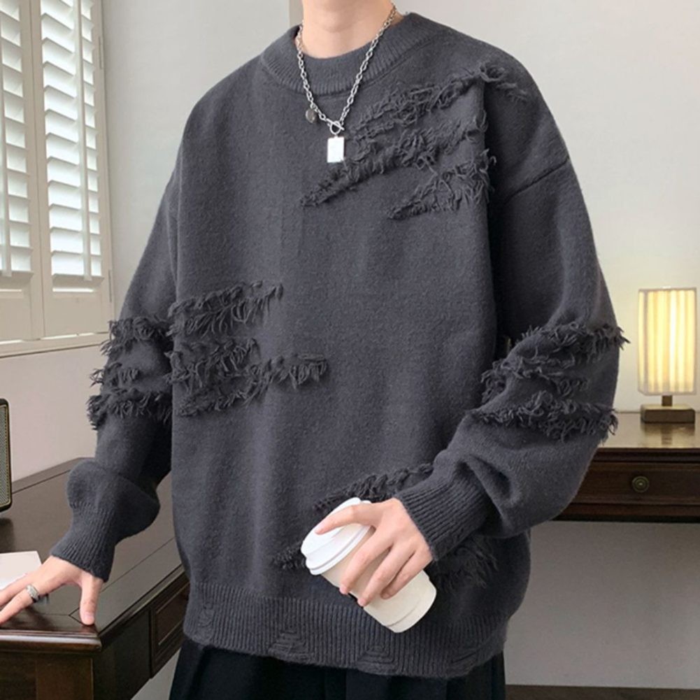 Mens Pullover with Distressed Rips and Fashionable Tassels for Fall Wear - Picture 15 of 42