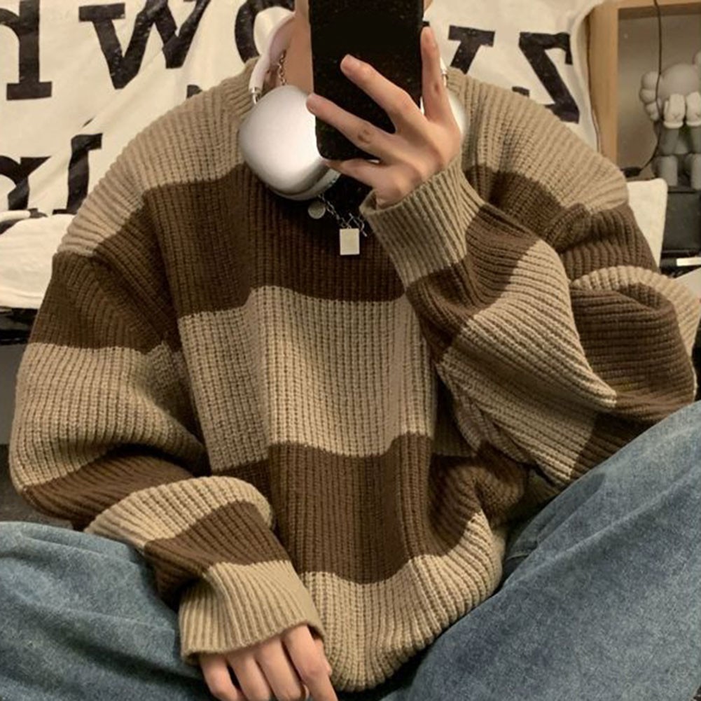 Mens Striped Round Neck Knitted Sweater for Spring and Autumn Casual Wear - Picture 13 of 48