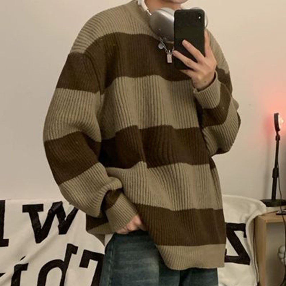 Mens Striped Round Neck Knitted Sweater for Spring and Autumn Casual Wear - Picture 21 of 48