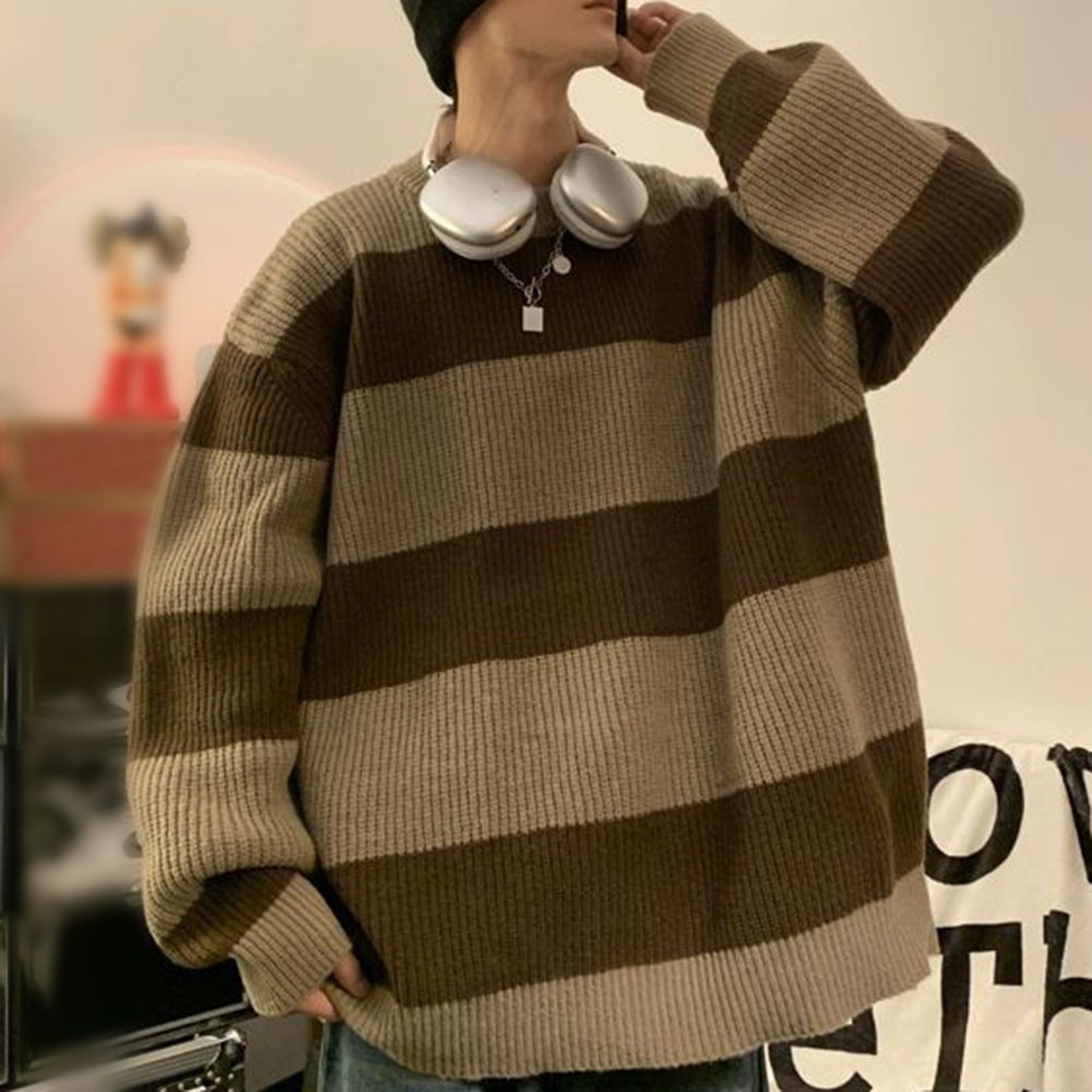 Mens Striped Round Neck Knitted Sweater for Spring and Autumn Casual Wear - Picture 18 of 48