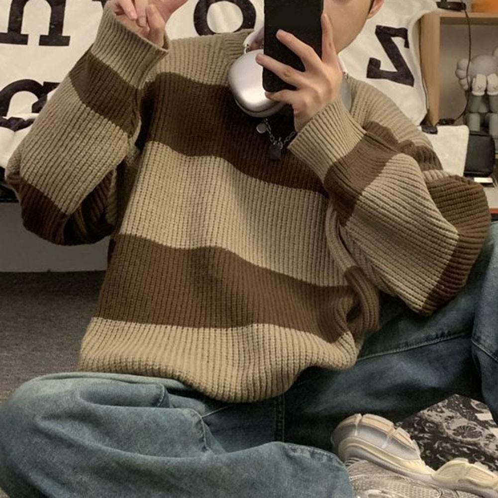 Mens Striped Round Neck Knitted Sweater for Spring and Autumn Casual Wear - Picture 15 of 48