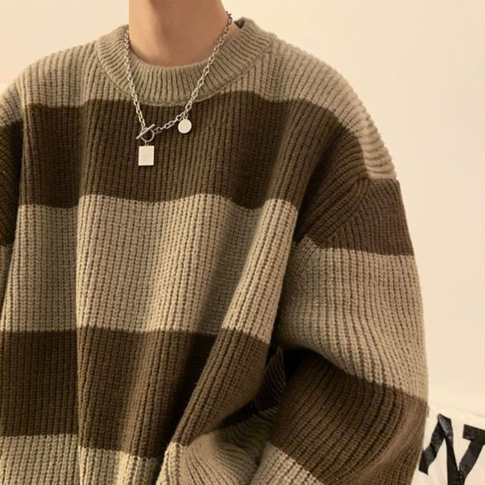 Mens Striped Round Neck Knitted Sweater for Spring and Autumn Casual Wear - Picture 16 of 48