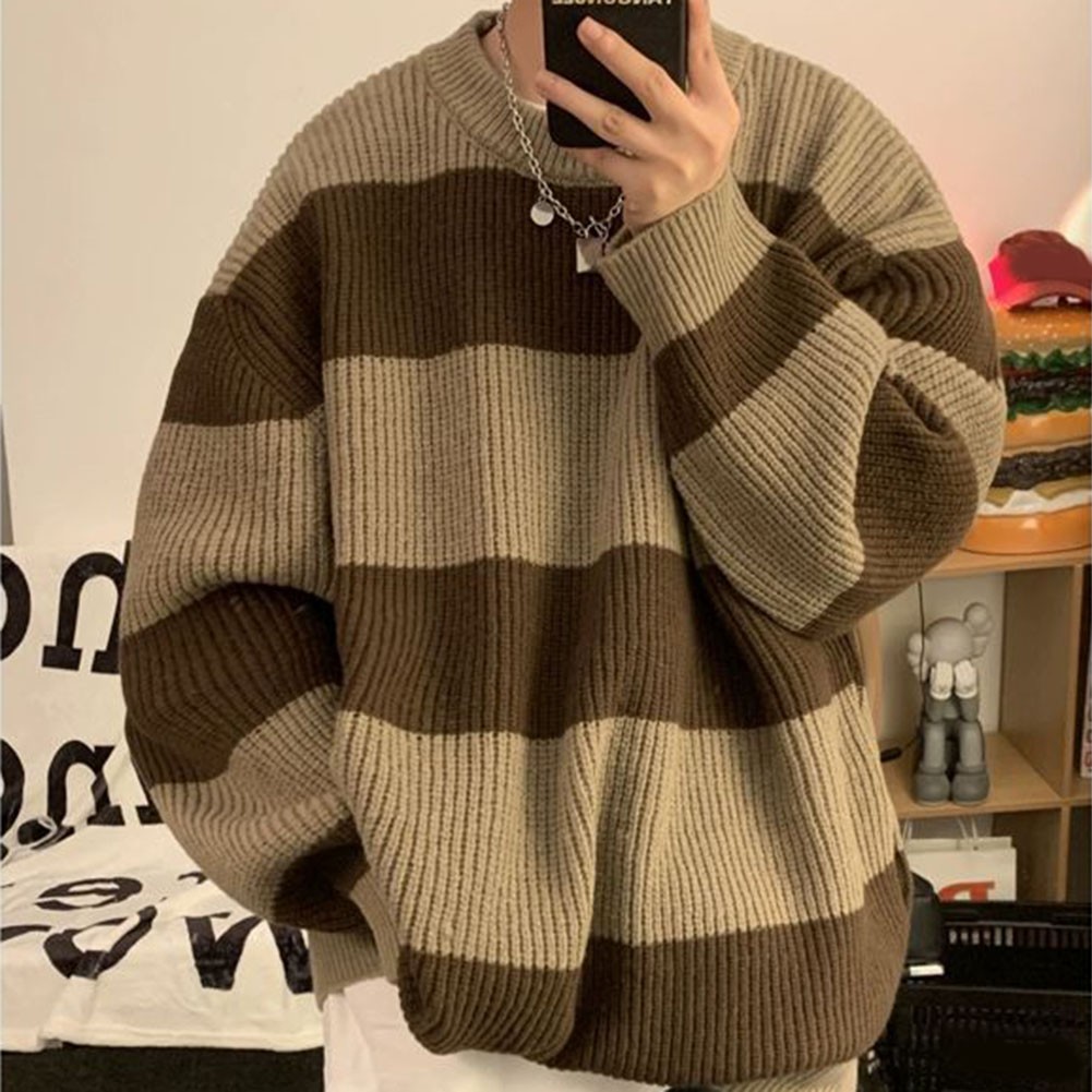 Mens Striped Round Neck Knitted Sweater for Spring and Autumn Casual Wear - Picture 17 of 48