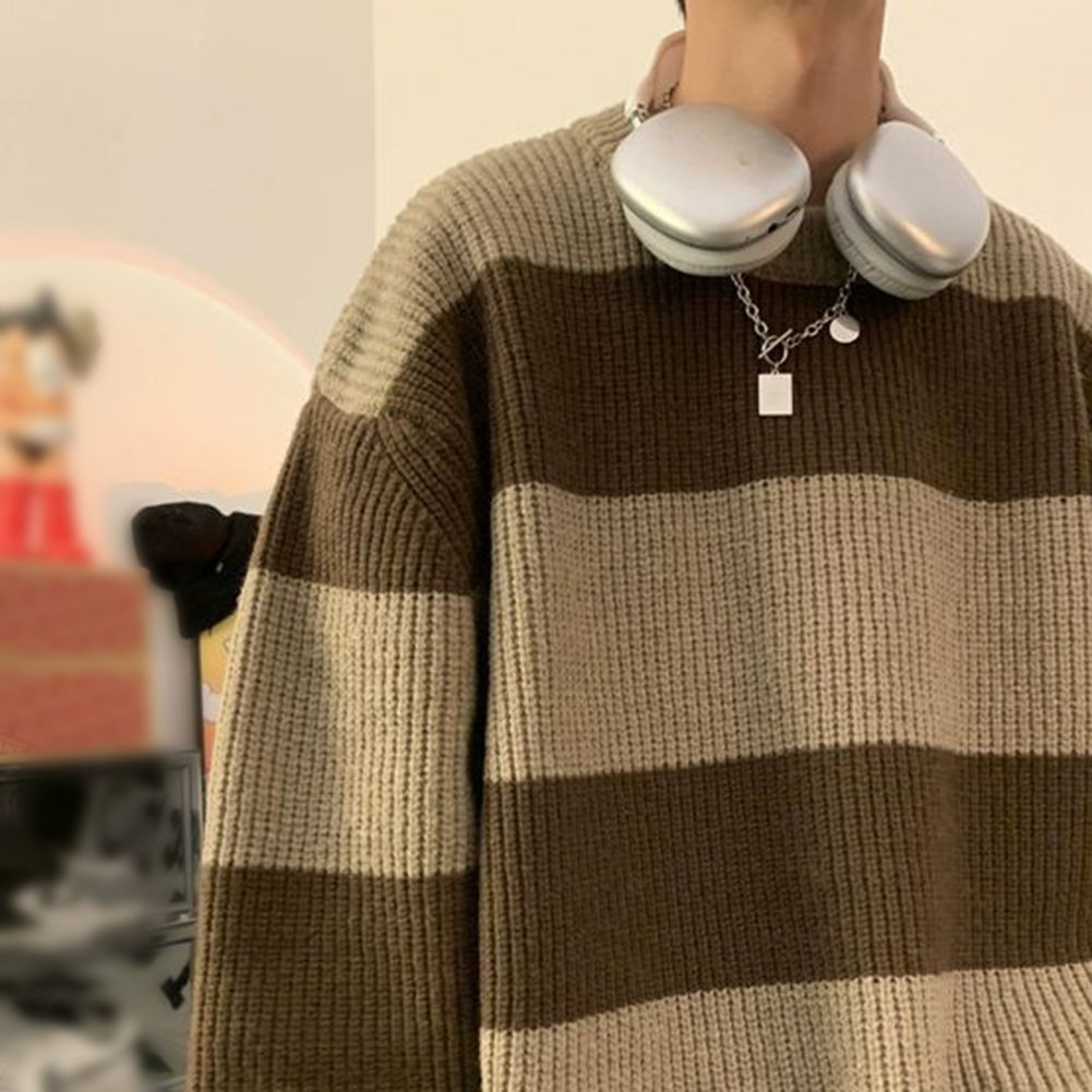 Mens Striped Round Neck Knitted Sweater for Spring and Autumn Casual Wear - Picture 20 of 48