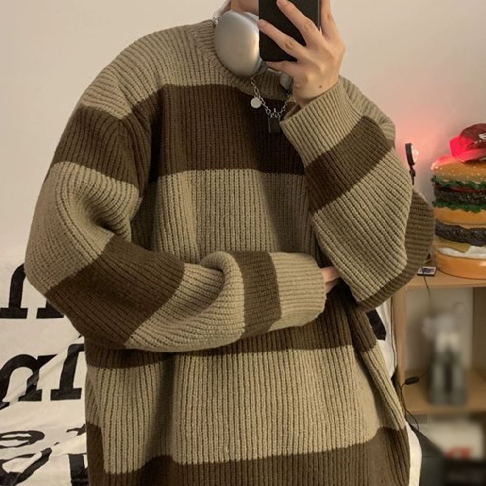Mens Striped Round Neck Knitted Sweater for Spring and Autumn Casual Wear - Picture 19 of 48