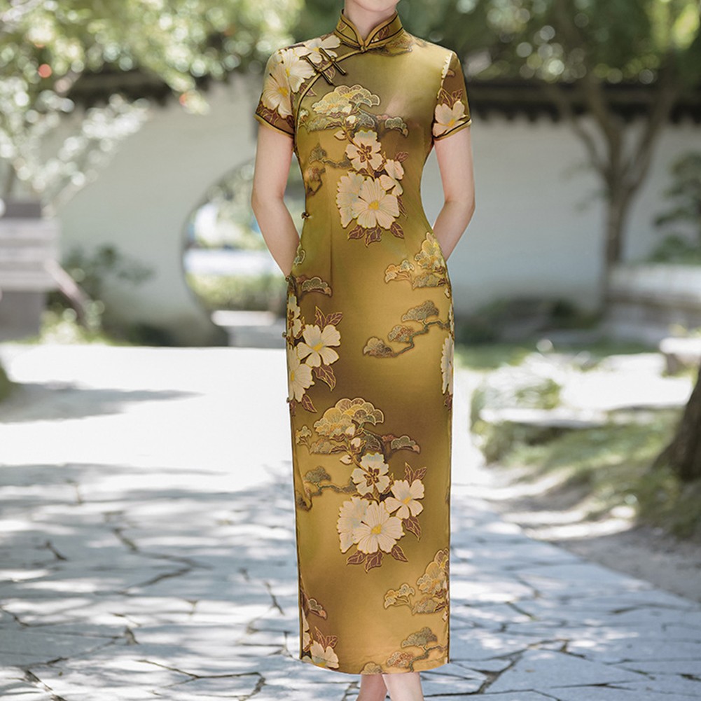 Sophisticated Womens Slim Fit Cheongsam Dress with Unique Collar Design - Picture 21 of 26