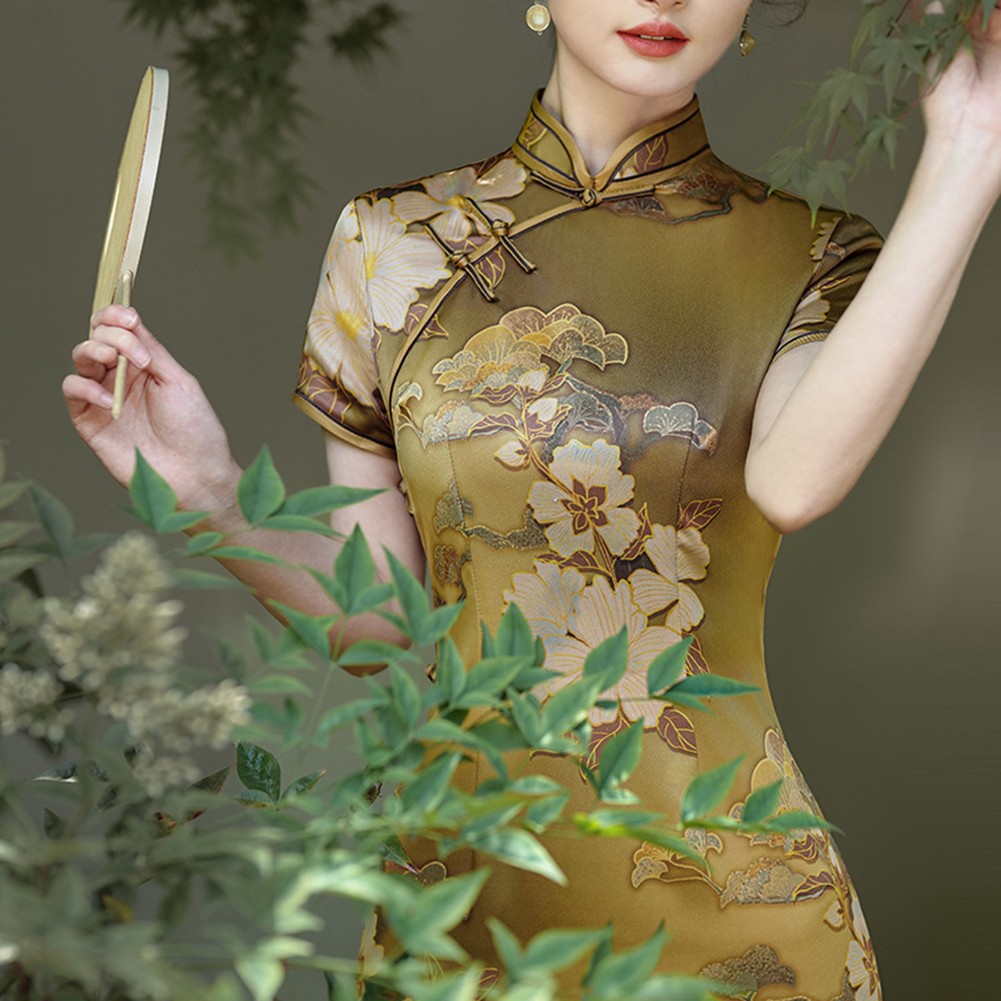 Sophisticated Womens Slim Fit Cheongsam Dress with Unique Collar Design - Picture 25 of 26