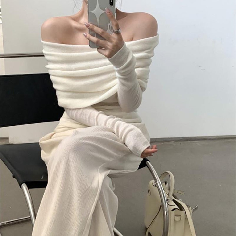 Womens Elegant Off Shoulder Sweater Cozy Knitted Pullover for Vacation - Picture 13 of 28