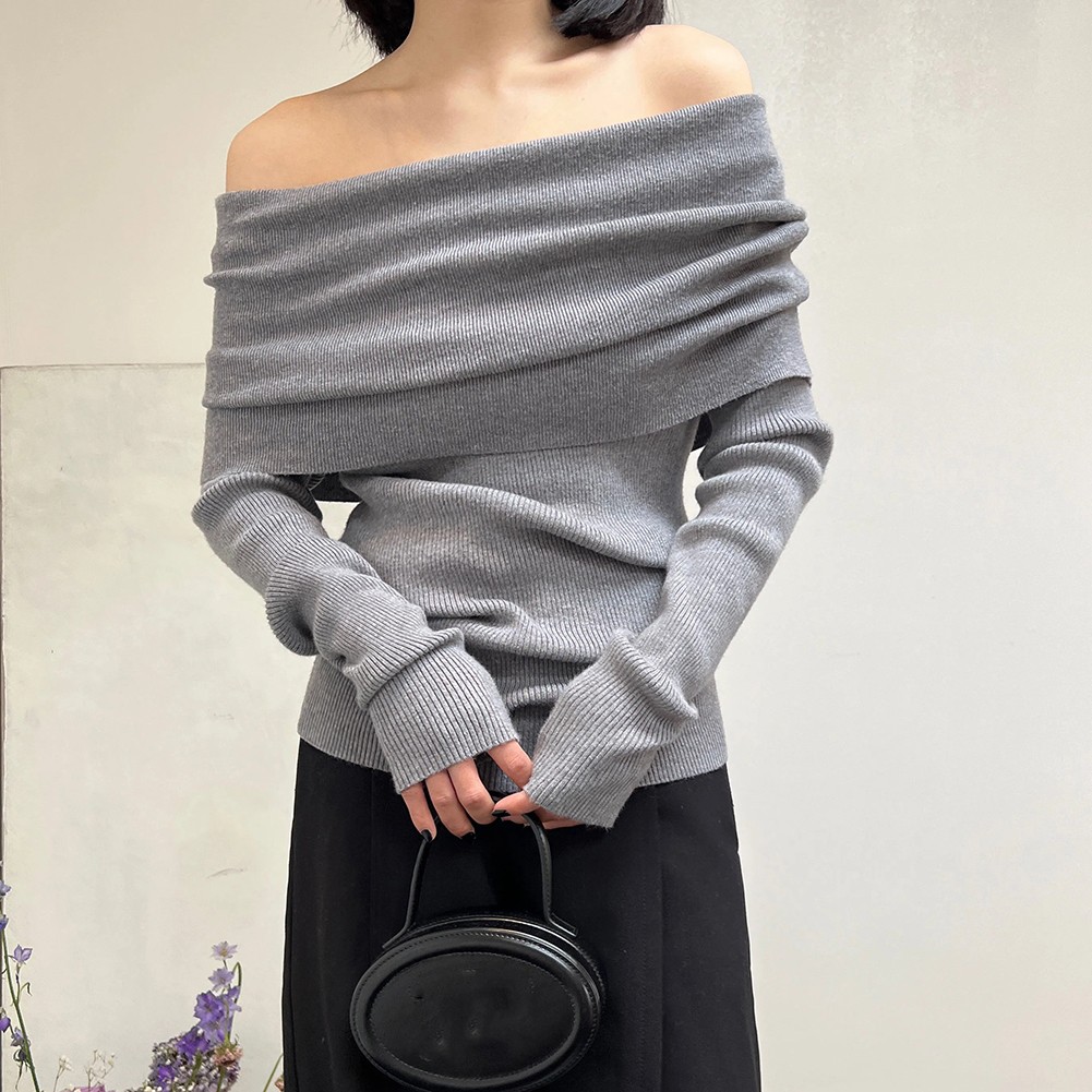 Womens Elegant Off Shoulder Sweater Cozy Knitted Pullover for Vacation - Picture 26 of 28