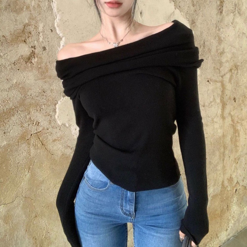Womens Elegant Off Shoulder Sweater Cozy Knitted Pullover for Vacation - Picture 27 of 28