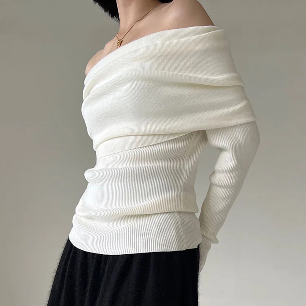 Womens Elegant Off Shoulder Sweater Cozy Knitted Pullover for Vacation - Picture 14 of 28