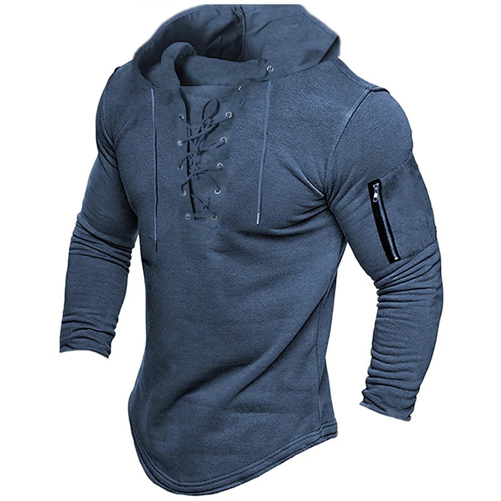 Mens Solid Color Pullover Hoodie with Lace Up and Zip for Everyday Use - Picture 8 of 10