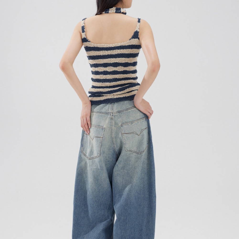 Sleeveless Womens Personality Top in Stripe Design with Matching Scarf - Picture 19 of 21