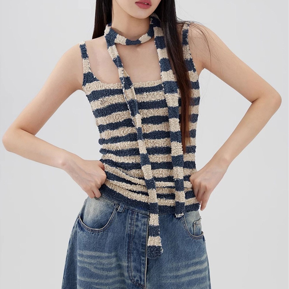 Sleeveless Womens Personality Top in Stripe Design with Matching Scarf - Picture 14 of 21