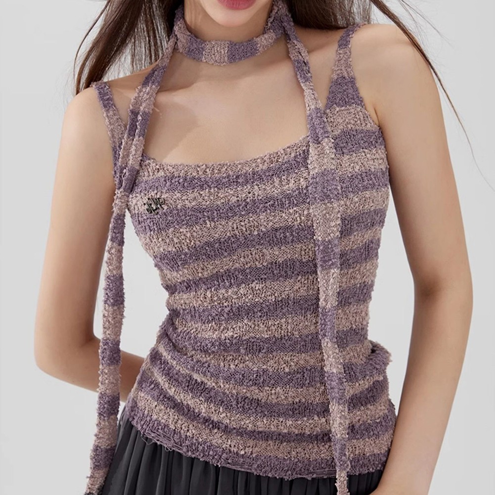 Sleeveless Womens Personality Top in Stripe Design with Matching Scarf - Picture 20 of 21